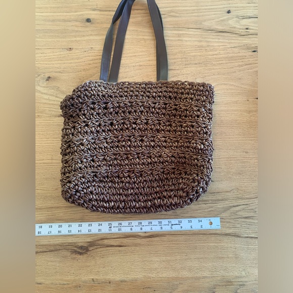 Brown Macrame Beach Bag Leather Strap Linen Lined Women’s Purse Satchel Preloved - Picture 5 of 5